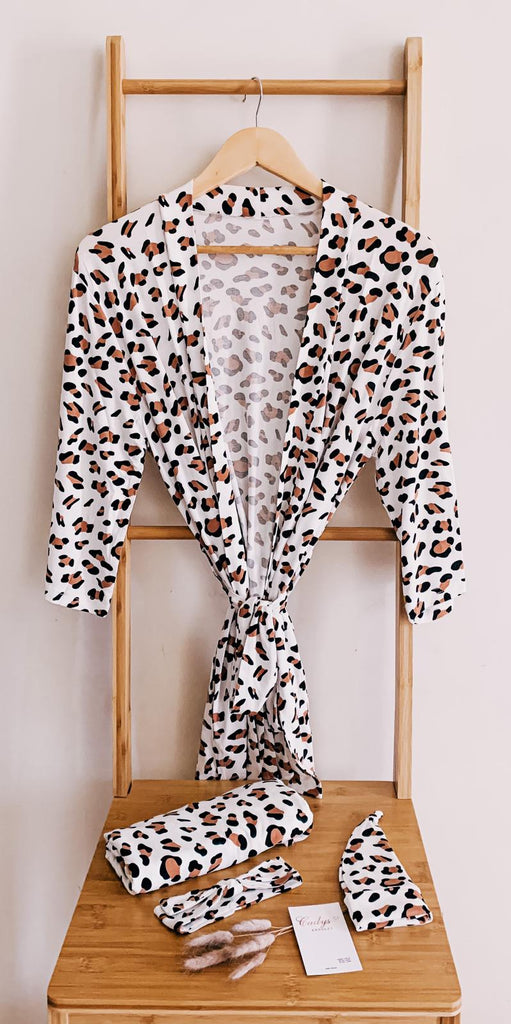 Mama Robes & Swaddle Baby Blanket Set/ Maternity Robes & Matching Baby Swaddle Blankets - Leopard Print