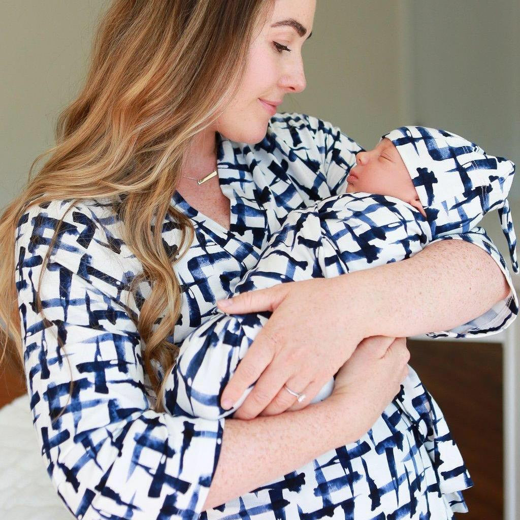 Mama Robes & Swaddle Baby Blanket Set / Maternity Robes & Matching Baby Swaddle Blankets - Blue Gingham